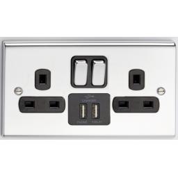 13A 2G DP Switched Socket with 2 USB Outlets- Chrome/Black