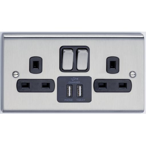 13A 2G DP Switched Socket w/ 2 USB Outlets- Stainless Steel/