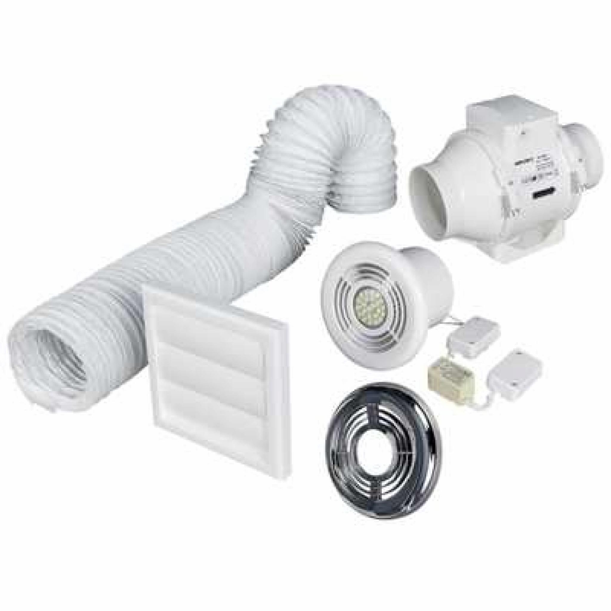 Aventa InLine 4" Timer Shower Fan Kit w/ Light (Chrome/White) DGF