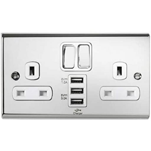 13A 2G DP Switched Socket with 3 USB Outlets- Chrome/White